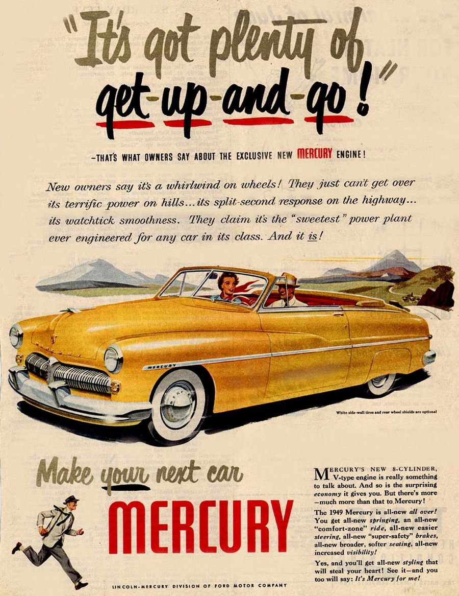 VINTAGE AD Yellow Convertible Going Great! 1950 MERCURY 4-Door Red Car 
