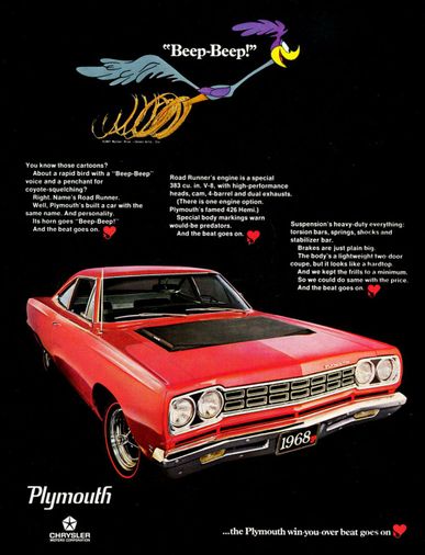 Original Vintage Plymouth Road Runner Car Mini Iron On Transfer 