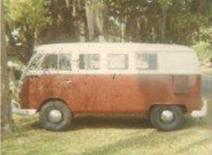 1966 vintage tin plate Kombi Camper Van desk tidy in orange with white roof 